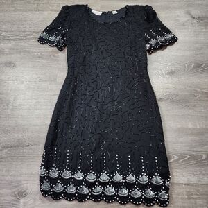 VINTAGE LAURENCE KAZAR Black Silk Silver Beaded Sequin Gala Formal Dress Medium